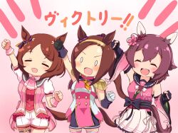 Rule 34 | 0 0, 3girls, :d, ^ ^, animal ears, arm up, asymmetrical gloves, black gloves, blush, bob cut, brown hair, cherry blossoms, clenched hands, closed eyes, detached sleeves, dress, ear ornament, epaulettes, facing viewer, fingerless gloves, flower, gloves, gold hairband, gradient background, hair flower, hair ornament, hairband, highres, horse ears, horse girl, long hair, mismatched gloves, multiple girls, neckerchief, open mouth, parted bangs, pink background, pleated dress, ponytail, puffy short sleeves, puffy sleeves, purple hair, sakura bakushin o (umamusume), sakura chiyono o (umamusume), sakura laurel (umamusume), short hair, short sleeves, shorts, sidelocks, simple background, skirt, smile, umamusume, victory club (umamusume), white gloves, white shorts, white skirt, wide sleeves, yellow neckerchief, ys 0929