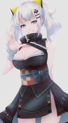 Rule 34 | 1girl, animal ears, bad id, bad twitter id, bare shoulders, blue eyes, breasts, cleavage, cleavage cutout, clothing cutout, commentary request, cowboy shot, fake animal ears, grey background, grin, hair ornament, hairpin, highres, kaguya luna, large breasts, long hair, looking at viewer, migihidari (puwako), obi, sash, sidelocks, simple background, smile, solo, the moon studio, twintails, virtual youtuber, waving, white hair, wristband, x hair ornament