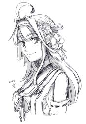 Rule 34 | 1girl, 2017, ahoge, blush, breasts, closed mouth, dated, detached sleeves, double bun, greyscale, hair over shoulder, headband, headgear, japanese clothes, kantai collection, kongou (kancolle), long hair, looking at viewer, monochrome, nontraditional miko, ribbon, ribbon-trimmed sleeves, ribbon trim, sidelocks, simple background, smile, solo, upper body, white background, yamada rei (rou)