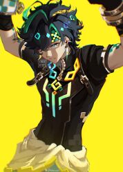 Rule 34 | 1boy, bandana, bishounen, black hair, black shirt, cowboy shot, earrings, genshin impact, green eyes, hand up, highres, jewelry, kinich (genshin impact), male focus, ryrmcher, shirt, short hair, solo, toned, toned male, yellow eyes