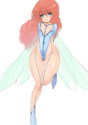 Rule 34 | 1girl, arms behind back, blue eyes, blue footwear, blue leotard, breasts, brown hair, cham fau, commentary request, covered navel, fairy, fairy wings, gluteal fold, groin, highleg, highleg leotard, legs, leotard, long hair, pantyhose, poin (hidsuki), see-through, seisenshi dunbine, shoes, simple background, small breasts, smile, solo, standing, standing on one leg, thigh gap, thighs, white background, wide hips, wings