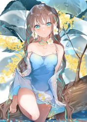 Rule 34 | 1girl, aqua eyes, bare shoulders, blue dress, breasts, brown hair, cleavage, closed mouth, clothes lift, collarbone, dress, dress lift, expressionless, flower, hair flower, hair ornament, highres, leaf, long hair, looking at viewer, medium breasts, miwano rag, original, sleeveless, sleeveless dress, solo, standing, tree, water