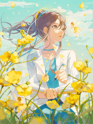 Rule 34 | 1girl, aqua collar, book, braid, brown hair, elf, flower, hair between eyes, highres, holding, holding book, holding pen, lirseven, long hair, long sleeves, looking away, original, parted lips, pen, pointy ears, ponytail, shirt, solo, white shirt, writing, yellow eyes, yellow flower