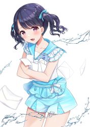 Rule 34 | 1girl, absurdres, black hair, blue ribbon, blue sailor collar, blue skirt, collarbone, commentary request, frilled shirt, frills, fukumaru koito, hair ribbon, highres, holding, holding letter, idolmaster, idolmaster shiny colors, letter, looking at viewer, mochiko (uyu omochi), open mouth, pink eyes, ribbon, sailor collar, shirt, short hair, short sleeves, skirt, smile, solo, thighs, twintails, water, white shirt