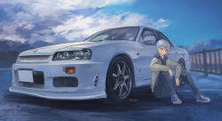 Rule 34 | androgynous, blue eyes, car, gender request, highres, looking to the side, momo hiki, motor vehicle, nissan, nissan skyline, nissan skyline gt-r, nissan skyline r34, original, personification, short hair, solo, vehicle focus, white hair
