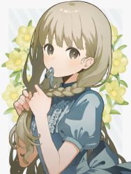 Rule 34 | 1girl, absurdres, back bow, blue dress, blue ribbon, bow, braid, brown eyes, brown hair, center frills, dress, flower, frills, grey background, hana moto, hands up, highres, holding, holding own hair, long hair, looking at viewer, mouth hold, original, puffy short sleeves, puffy sleeves, ribbon, ribbon in mouth, short sleeves, solo, striped, striped background, upper body, yellow flower