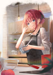 Rule 34 | 1girl, apron, blue eyes, blurry, blurry background, chocolate, day, drawer, earrings, food, fruit, go-toubun no hanayome, highres, indoors, jewelry, ko tachi1104, lens flare, licking lips, light bulb, looking at viewer, mixing bowl, nakano nino, ponytail, red air, shirt, short hair, short ponytail, solo, spatula, standing, strawberry, tongue, tongue out, white shirt