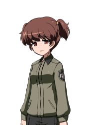 Rule 34 | 1girl, aegis (nerocc), alisa (girls und panzer), alternate emblem, black shorts, brown eyes, brown hair, brown jacket, closed mouth, commentary request, cowboy shot, emblem, freckles, girls und panzer, hair tie, half-closed eyes, jacket, long sleeves, looking at viewer, military, military uniform, no hair ornament, saunders military uniform, short hair, short twintails, shorts, smile, solo, standing, transparent background, twintails, uniform