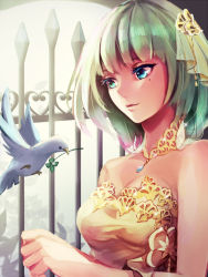 Rule 34 | 10s, 1girl, arch, bare arms, bare shoulders, bird, blue eyes, breasts, cleavage, clover, colored eyelashes, dove, dress, four-leaf clover, gate, green eyes, green hair, hair ornament, heterochromia, idolmaster, idolmaster cinderella girls, iron bars, jewelry, lips, looking down, matching hair/eyes, mole, mole under eye, necklace, parted lips, pendant, saojou, solo, strapless, strapless dress, takagaki kaede, upper body