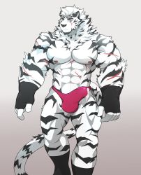 Rule 34 | 1boy, abs, animal ears, arknights, bara, briefs, bulge, cum, cum in clothes, cum through clothes, feet out of frame, fingerless gloves, furry, furry male, gloves, highres, kneehighs, large pectorals, male focus, male underwear, mountain (arknights), muscular, muscular male, navel, nipples, pectorals, pink male underwear, precum, precum through clothes, scar, scar across eye, scar on arm, scar on face, scar on stomach, sere (serenaught), short hair, socks, solo, stomach, tail, thick thighs, thighs, tiger boy, tiger ears, tiger tail, underwear, underwear only, white fur, white hair