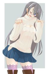 Rule 34 | 10s, 1girl, black hair, blue eyes, blush, breasts, cleavage, cleavage cutout, clothing cutout, glasses, hairband, highres, ishikkoro, kantai collection, long hair, long sleeves, looking at viewer, medium breasts, meme attire, ooyodo (kancolle), open-chest sweater, open mouth, outside border, ribbed sweater, school uniform, skirt, sleeves past wrists, smile, solo, sweater, thighhighs, turtleneck
