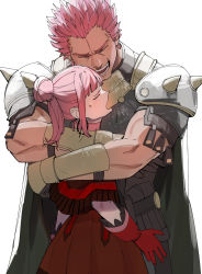 Rule 34 | 1boy, 1girl, armor, blush, bracer, brother and sister, cape, commentary, cowboy shot, earrings, embarrassed, closed eyes, fire emblem, fire emblem: three houses, fire emblem warriors: three hopes, gloves, hair bun, happy, height difference, highres, hilda valentine goneril, holst sigiswald goneril, hoop earrings, hug, jewelry, medium hair, muscular, muscular male, nintendo, open mouth, pauldrons, pink hair, ponytail, red gloves, red shirt, red skirt, shirt, shishima eichi, short hair, shoulder armor, siblings, sidelocks, simple background, size difference, skirt, smile, spiked hair, standing, sweatdrop, teeth, white background