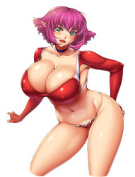 Rule 34 | 1girl, ameoto, aqua eyes, breasts, cala, cleavage, elbow gloves, fingerless gloves, gloves, groin, huge breasts, looking at viewer, navel, pink hair, pointy ears, purple hair, shiny skin, short hair, simple background, solo, thighs, viper, viper rsr, white background