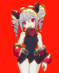 Rule 34 | 1girl, bare shoulders, breasts, bronya zaychik, bronya zaychik (black nucleus), covering own mouth, drill hair, grey hair, hair between eyes, hand on own hip, highres, honkai (series), honkai impact 3rd, knxagu, leotard, looking at viewer, pale skin, red background, red eyes, simple background, small breasts, solo, twin drills, v-shaped eyebrows
