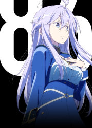 Rule 34 | 1girl, 86 -eightysix-, absurdres, antenna hair, black background, blue hair, blue jacket, breasts, buttons, closed mouth, copyright name, cowboy shot, cropped jacket, grey eyes, hair between eyes, hand on own chest, high collar, highres, jacket, kawakami tetsuya, key visual, light blue hair, long hair, long sleeves, looking away, medium breasts, military, military jacket, military uniform, o-ring, official art, promotional art, sidelocks, solo, standing, uniform, vladilena millize