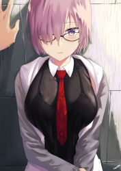 Rule 34 | 1girl, black-framed eyewear, black shirt, blush, closed mouth, fate/grand order, fate (series), glasses, grey sleeves, hair over one eye, hand on wall, highres, jacket, looking at viewer, mash kyrielight, necktie, purple eyes, purple hair, red neckwear, rororo, shirt, short hair, solo focus, upper body, wet, wet clothes