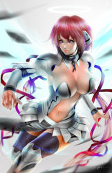 Rule 34 | 1girl, angel wings, boots, breasts, brown eyes, chain, cleavage, clothing cutout, collar, detached sleeves, feathered wings, female focus, full body, grey background, huge breasts, ikaros, knee boots, large breasts, long hair, long sleeves, navel, navel cutout, parted lips, pink hair, pink lips, ribbon, solo, sora no otoshimono, thighhighs, twintails, very long hair, wings