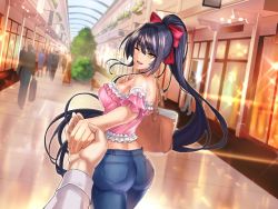 Rule 34 | 1girl, artist request, ass, bag, bare shoulders, bench, breasts, carrying over shoulder, denim, feet out of frame, floating hair, frills, from behind, handbag, happy, high ponytail, hiiragi fuyumi, holding hands, indoors, jeans, large breasts, legs, long hair, looking at another, looking at viewer, looking back, midriff, off shoulder, one eye closed, open mouth, pants, pov, pov hands, purple hair, sideboob, smile, standing, taimanin (series), thighs, very long hair, wink, yellow eyes