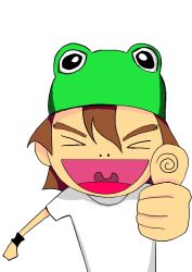 Rule 34 | &gt; &lt;, 1boy, :d, brown hair, closed eyes, frog, hat, highres, male focus, open mouth, pulo-chan, smile, solo, thumbs up, uvula, xd