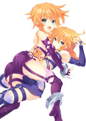 Rule 34 | 2girls, :d, all fours, armpits, ass, asymmetrical docking, backless outfit, bare shoulders, bdsm, between legs, blue eyes, blue skirt, blush, boots, braid, braided ponytail, breast press, breasts, chain, cuffs, date a live, detached sleeves, drill hair, frown, garter straps, girl on top, handcuffs, happy, high heel boots, high heels, highres, kneeling, large breasts, legs, long hair, looking at viewer, looking back, lying, medium breasts, midriff, miniskirt, multiple girls, on back, open mouth, orange hair, pink thighhighs, purple shorts, ramu-on@ shinon, short shorts, shorts, siblings, sidelocks, sisters, skirt, smile, thigh boots, thighhighs, thighs, twin drills, twins, underboob, very long hair, yamai kaguya, yamai yuzuru
