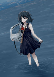 Rule 34 | 1girl, anita (arknights), arknights, bag, bare shoulders, black dress, black hair, blue eyes, boutonniere, commentary, dress, flower, hakura akiko, harp, highres, holding, holding instrument, instrument, medium hair, messenger bag, messy hair, open mouth, partially submerged, red flower, shoulder bag, solo, wading, water