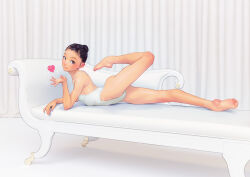 Rule 34 | 1girl, barefoot, black eyes, black hair, blowing kiss, cameltoe, closed mouth, commentary request, contortion, couch, elbow rest, flexible, fumichika mori, hair bun, hair pulled back, heart, indoors, kotani kana, leg up, leotard, looking at viewer, on couch, original, partial commentary, short hair, smile, solo, spaghetti strap, white leotard