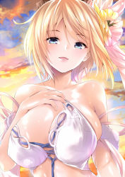 Rule 34 | 1girl, amasora taichi, arm at side, bikini, blonde hair, blue eyes, breasts, cloud, collarbone, commentary request, covered erect nipples, europa (granblue fantasy), europa (summer) (granblue fantasy), eyes visible through hair, flower, granblue fantasy, hair flower, hair ornament, hand on own chest, highres, large breasts, looking at viewer, open mouth, outdoors, shiny skin, solo, swimsuit, untied bikini, upper body, white bikini
