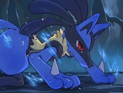 Rule 34 | all fours, blood, clenched teeth, commentary request, creatures (company), energy, from side, furry, game freak, gen 4 pokemon, highres, lucario, nintendo, pokemon, pokemon (creature), red eyes, scratches, sinobu (miiik sinobu), solo, spikes, teeth, yellow fur