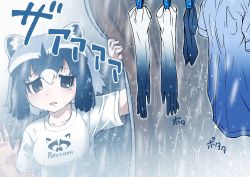 Rule 34 | 10s, 1girl, alternate costume, animal ears, black hair, clothes writing, commentary, common raccoon (kemono friends), from outside, frown, gloves, kemono friends, multicolored hair, open mouth, raccoon ears, rain, sad, shirt, short hair, short sleeves, skirt, solo, t-shirt, tanaka kusao, wet, wet clothes
