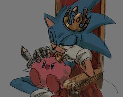 Rule 34 | 2boys, animal ears, animal nose, bad id, bad twitter id, blue eyes, crossover, crown, furry, furry male, gauntlets, gloves, green eyes, half-closed eyes, head rest, highres, kirby, kirby (series), male focus, multiple boys, nintendo, single gauntlet, sitting, sitting on lap, sitting on person, smile, sonic (series), sonic the hedgehog, white gloves, yangfaa sonic