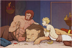 Rule 34 | 2boys, armlet, beard, blonde hair, facial hair, fate/zero, fate (series), fire, gilgamesh (fate), iskandar (fate), jewelry, lbytree, lion, male focus, manly, multiple boys, muscular, necklace, red eyes, red hair, topless male, toga