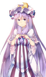 Rule 34 | 1girl, :o, blue bow, blunt bangs, blush, bow, breasts, capelet, covered navel, cowboy shot, crescent, dress, hair bow, hat, impossible clothes, impossible dress, long hair, looking at viewer, medium breasts, mob cap, pajamas, patchouli knowledge, pink bow, purple eyes, purple hair, sidelocks, solo, striped clothes, striped dress, sugiyuu, touhou, vertical-striped clothes, vertical-striped dress, very long hair