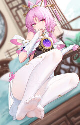 Rule 34 | 1girl, absurdres, bare shoulders, blush, bow-shaped hair, breasts, detached sleeves, dress, feet, forehead jewel, fu xuan (honkai: star rail), garden01, hair ornament, hair stick, highres, honkai: star rail, honkai (series), jewelry, long hair, looking at viewer, low twintails, pantyhose, parted bangs, pink hair, small breasts, soles, solo, tassel, toes, twintails, very long hair, white pantyhose, yellow eyes