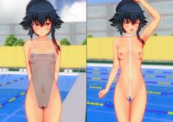 Rule 34 | 1girl, black hair, blush, breasts, brown eyes, cameltoe, girls und panzer, looking at viewer, multiple views, navel, nipples, pepperoni (girls und panzer), see-through, short hair, small breasts, smile, swimsuit, topless