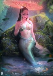 Rule 34 | 1girl, bare arms, bare shoulders, bra, breasts, brown hair, cleavage, eyeshadow, flower, forehead, forest, holding, holding umbrella, lily (flower), lily pad, long hair, looking down, makeup, mermaid, monster girl, moss, nature, original, pond, rock, ross tran, scales, sitting, smile, solo, umbrella, underwear, water