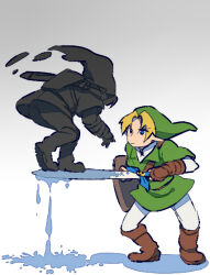 Rule 34 | 2boys, :/, blonde hair, blue eyes, boots, brown footwear, brown gloves, closed mouth, dark link, dripping, dual persona, fingerless gloves, from behind, gloves, gradient background, green headwear, green shirt, grey background, hair intakes, hat, heel up, holding, holding shield, holding sword, holding weapon, knee boots, layered sleeves, legs apart, link, long sleeves, looking at another, male focus, master sword, multiple boys, nintendo, pants, shield, shirt, short hair, short over long sleeves, short sleeves, simple background, sketch, sword, the legend of zelda, the legend of zelda: ocarina of time, ukata, v-shaped eyebrows, weapon, white pants