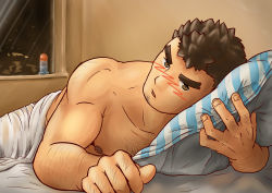 Rule 34 | 1boy, absurdres, arm hair, bara, barry go, bed invitation, bed sheet, blush, brown hair, chest hair, facial hair, foreshortening, frown, goatee, hairy, highres, indoors, takabushi kengo, knuckle hair, large pectorals, long sideburns, looking at viewer, lying, male focus, muscular, muscular male, naked sheet, nipples, on bed, on stomach, pectorals, pillow, short hair, sideburns, solo, stomach, stubble, thick eyebrows, tokyo houkago summoners