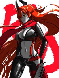 Rule 34 | 1girl, absurdres, black gloves, breasts, chaps, cleavage, crop top, fingerless gloves, gloves, goddess of victory: nikke, headgear, highres, large breasts, long hair, navel, orange eyes, red hair, red hood (nikke), red scarf, scarf, solo, yamisorano