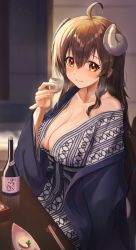 Rule 34 | 1girl, ahoge, blue kimono, bottle, breasts, cleavage, closed mouth, collarbone, commentary request, cup, curled horns, demon girl, demon horns, hair between eyes, holding, holding cup, horns, japanese clothes, kimono, large breasts, long hair, machikado mazoku, aged up, open clothes, orange eyes, red hair, smile, solo, suzushi moruto, yoshida yuuko (machikado mazoku), yukata