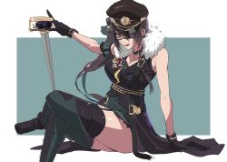 Rule 34 | 1girl, arm support, armlet, bare shoulders, black footwear, black gloves, black hair, black lips, breasts, cleavage, closed mouth, collar, commentary request, dress, eyepatch, frills, fur collar, gloves, green dress, hair ornament, hat, highres, holding, holding sword, holding weapon, idol, idolmaster, idolmaster shiny colors, jewelry, large breasts, crossed legs, lipstick, long hair, makeup, medal, medallion, military hat, necklace, ogasawara, peaked cap, shirase sakuya, sitting, smile, sword, thighhighs, thighs, vest, weapon, yellow eyes