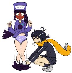 Rule 34 | 2girls, assisted exposure, belly, black hair, blush, closed mouth, clothes pull, console-tan, embarrassed, female pervert, frown, game console, gamecube, gamecube-tan, hands up, hat, hood, hoodie, humiliation, jacket, kneeling, long hair, midriff, multiple girls, navel, open mouth, panties, pants, pants pull, pantsing, pervert, polka dot, polka dot panties, ponytail, prank, print panties, pulling another&#039;s clothes, purple hair, purple legwear, purple panties, purple sweater, scarf, shoes, short hair, skirt, socks, squatting, standing, surprised, sweater, thighs, track jacket, underwear, yellow eyes, yuri