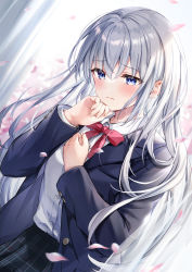 Rule 34 | 1girl, black jacket, black skirt, blazer, blue eyes, blurry, blurry background, blush, bow, closed mouth, collared shirt, commentary request, crying, crying with eyes open, depth of field, dress shirt, falling petals, hair between eyes, hands up, higeneko, highres, jacket, long sleeves, looking at viewer, open clothes, open jacket, original, petals, plaid, plaid skirt, pleated skirt, red bow, revision, ribbon, school uniform, shirt, silver hair, skirt, solo, tears, white shirt