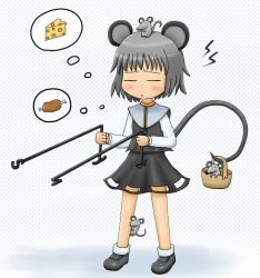 Rule 34 | 1girl, :&lt;, animal ears, bad id, bad pixiv id, basket, boned meat, cheese, closed eyes, dowsing rod, female focus, food, grey hair, meat, mouse (animal), mouse ears, mouse tail, nazrin, niwa (tat24d), simple background, solo, tail, tat24d, touhou