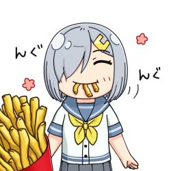 Rule 34 | 1girl, closed eyes, commentary request, cowboy shot, eating, food, french fries, hair ornament, hair over one eye, hairclip, hama! (3toshinhmkz), hamakaze (kancolle), kantai collection, looking at viewer, neckerchief, no nose, pleated skirt, pov, school uniform, serafuku, short hair, short sleeves, silver hair, simple background, skirt, solo, white background, yellow neckerchief