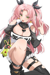 Rule 34 | 1girl, :d, absurdres, aqua nails, bare shoulders, black ribbon, black shorts, black thighhighs, breasts, cleavage, clothing cutout, commentary, cutoffs, earrings, green eyes, hair ribbon, hand up, highres, jewelry, knee up, large breasts, long hair, long sleeves, looking at viewer, mole, mole on breast, nail polish, nicole demara, open mouth, pink hair, pink nails, ribbon, short shorts, shorts, shoulder cutout, simple background, single thighhigh, smile, solo, strapless, thighhighs, thighs, tifuibe, tube top, two side up, v, very long hair, white background, zenless zone zero