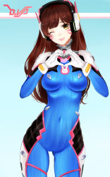 Rule 34 | 1girl, blue background, bodysuit, breasts, brown eyes, brown hair, chu (huaha1320), covered navel, cowboy shot, d.va (overwatch), facial mark, gloves, gradient background, head tilt, headphones, heart, heart hands, highres, long hair, looking at viewer, medium breasts, one eye closed, overwatch, overwatch 1, parted lips, pilot suit, smile, solo, whisker markings, white gloves