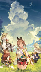 Rule 34 | 2boys, 2girls, armor, arms behind back, atelier (series), atelier ryza, atelier ryza 1, belt, bird, blonde hair, boots, bow, braid, brown belt, brown eyes, brown hair, carrying, cloud, coat, detached sleeves, dragon, flask, from behind, glasses, hair bow, hair ornament, hair ribbon, hairclip, half updo, hat, highres, hood, hooded vest, hoodie, jewelry, key visual, klaudia valentz, lent marslink, long hair, looking at viewer, looking back, midriff, multiple boys, multiple girls, necklace, official art, outdoors, pantyhose, pendant, promotional art, red bow, red hair, red shorts, reisalin stout, ribbon, round-bottom flask, short hair, short shorts, shorts, shoulder armor, shoulder carry, side braid, skindentation, sky, smile, staff, standing, suspenders, tao mongarten, thigh boots, thighhighs, thighhighs under boots, thighs, toridamono, vest, village, white bow, white headwear, wyvern
