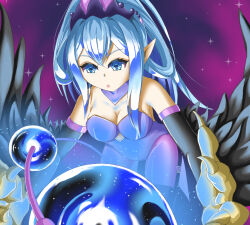 Rule 34 | 1girl, astrolabe, bare shoulders, black wings, blue eyes, blue hair, breasts, burigan daikon, celestial globe, claws, cleavage, crystal ball, detached collar, duel monster, feathered wings, hair rings, harpie oracle, harpy, leotard, long hair, medium breasts, monster girl, open mouth, pointy ears, purple background, purple leotard, solo, winged arms, wings, yu-gi-oh!
