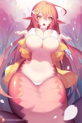 Rule 34 | 1girl, areola slip, bikini, breasts squeezed together, breasts, cameltoe, coat, covered erect nipples, fang, hair between eyes, hair ornament, jacket, lamia, large areolae, large breasts, long hair, miia (monster musume), monster girl, monster musume no iru nichijou, nanoless, navel, open clothes, open coat, open jacket, open mouth, petals, pointy ears, red hair, scales, skindentation, solo, swimsuit, underboob, very long hair, white bikini, yellow eyes, yellow jacket
