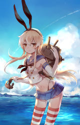 Rule 34 | 10s, 1girl, blonde hair, brown eyes, gloves, hairband, highres, kantai collection, long hair, rensouhou-chan, shimakaze (kancolle), skirt, smile, striped clothes, striped thighhighs, thighhighs, vveird, water